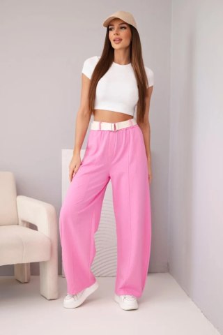 Spodnie damskie bawełniane z szeroką nogawką i paskiem cukierkowy róż