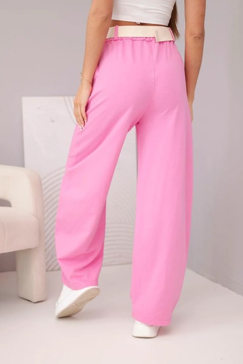 Spodnie damskie bawełniane z szeroką nogawką i paskiem cukierkowy róż