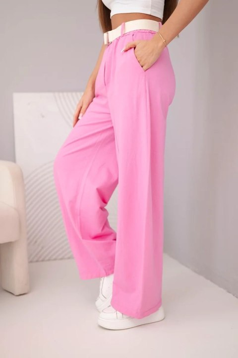 Spodnie damskie bawełniane z szeroką nogawką i paskiem cukierkowy róż