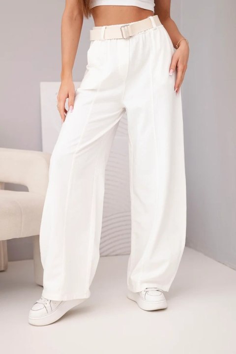 Spodnie damskie bawełniane z szeroką nogawką i paskiem ecru