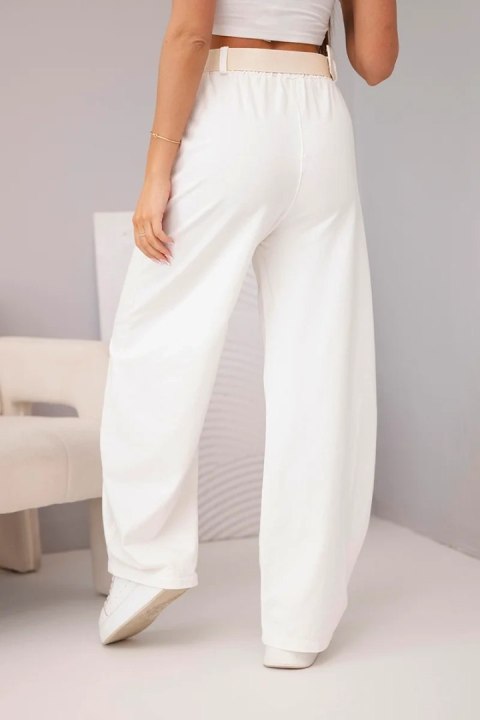 Spodnie damskie bawełniane z szeroką nogawką i paskiem ecru