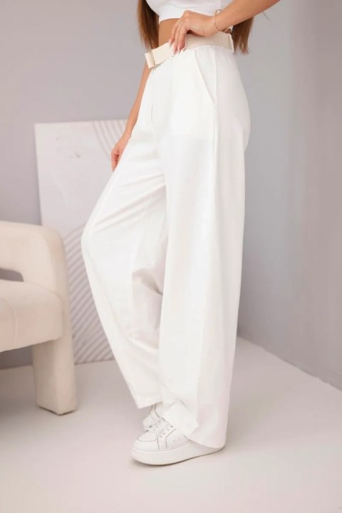 Spodnie damskie bawełniane z szeroką nogawką i paskiem ecru