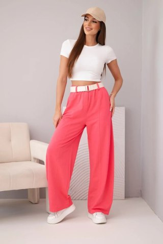 Spodnie damskie bawełniane z szeroką nogawką i paskiem malinowe