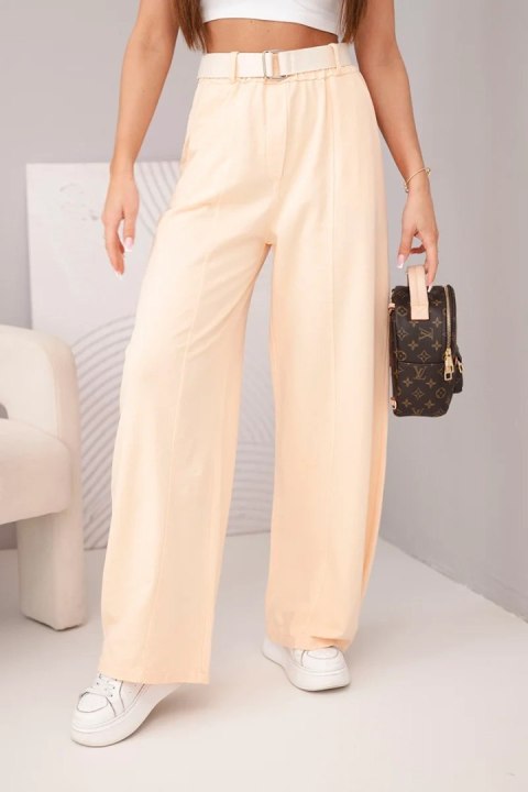 Spodnie damskie bawełniane z szeroką nogawką i paskiem morelowe