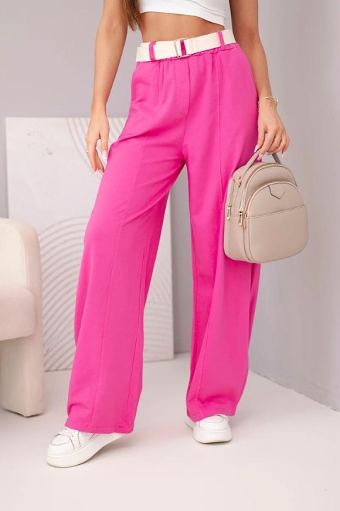 Spodnie damskie bawełniane z szeroką nogawką i paskiem różowe