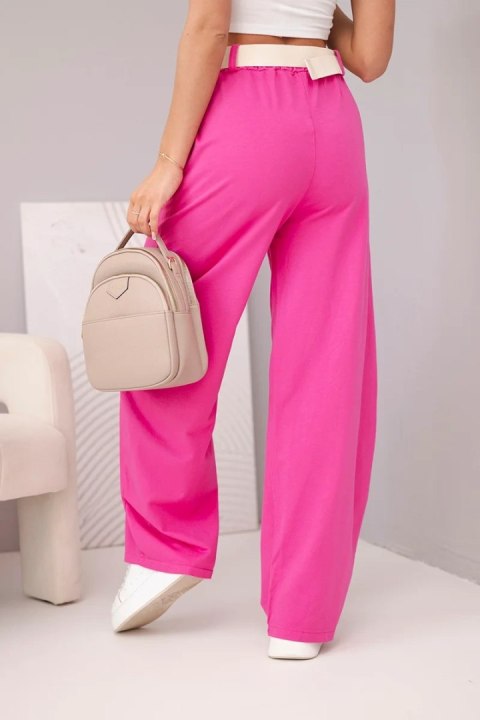 Spodnie damskie bawełniane z szeroką nogawką i paskiem różowe