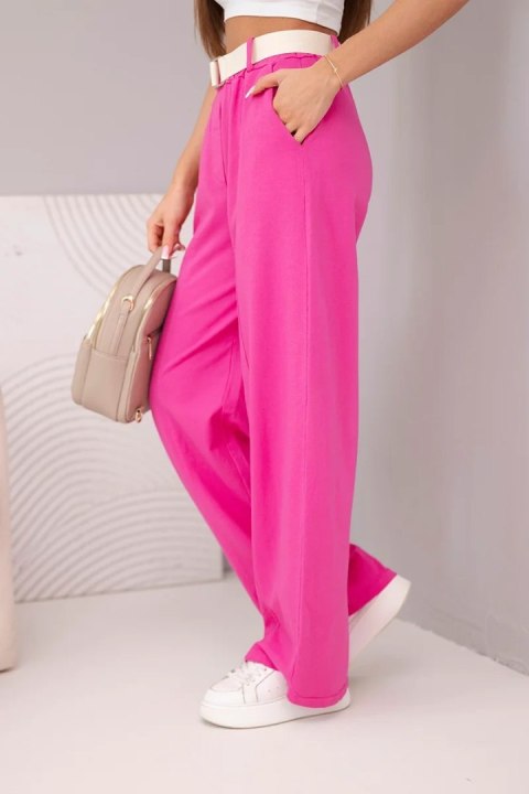 Spodnie damskie bawełniane z szeroką nogawką i paskiem różowe