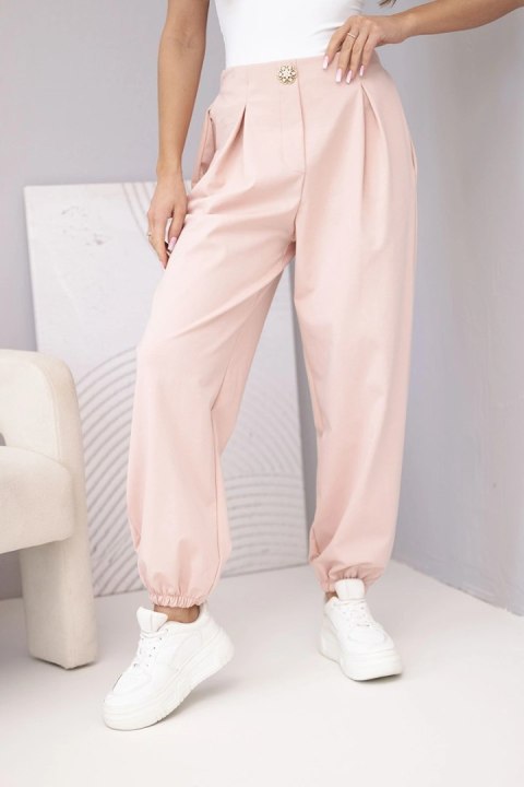 Spodnie damskie bawełniane z wysokim stanem i ozdobnym guzikiem ciemny pudrowy róż