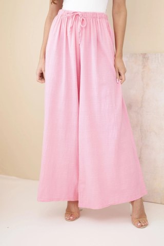 Spodnie damskie szerokie bawełniane z gumką w pasie cukierkowy róż
