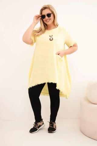 Sukienka damska bawełniana Plus Size z dłuższym tyłem i kieszenią żółta