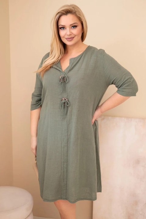 Sukienka damska bawełniana Plus Size z wiązaniem przy dekolcie khaki