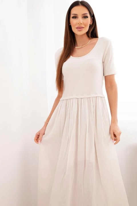 Sukienka damska bawełniana midi z krótkim rękawem i rozkloszowanym dołem beżowa