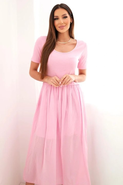 Sukienka damska bawełniana midi z krótkim rękawem i rozkloszowanym dołem jasno różowa