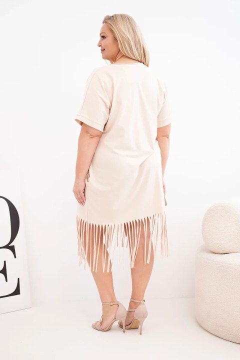 Sukienka damska bawełniana z dekoltem V i frędzlami na dole beżowa