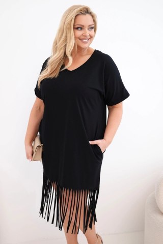 Sukienka damska bawełniana z dekoltem V i frędzlami na dole czarna