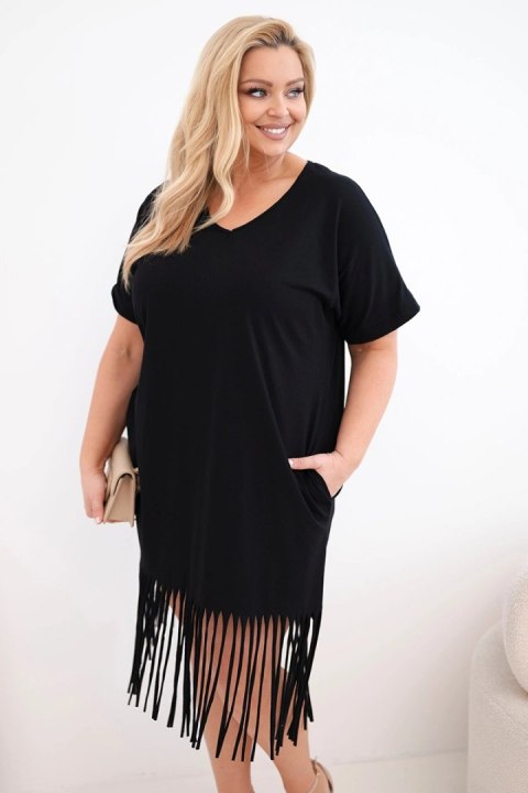 Sukienka damska bawełniana z dekoltem V i frędzlami na dole czarna