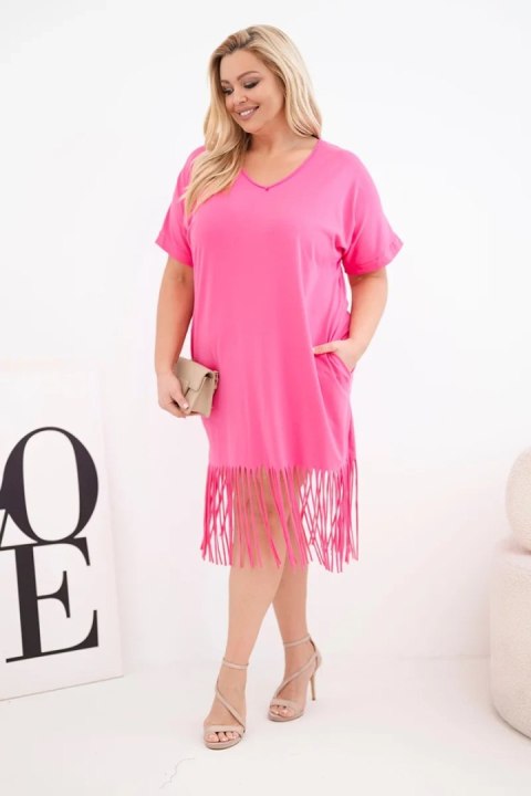 Sukienka damska bawełniana z dekoltem V i frędzlami na dole różowa