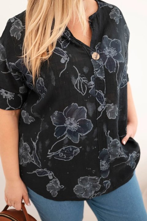 Bluzka damska bawełniana Plus Size w kwiatowy wzór czarna