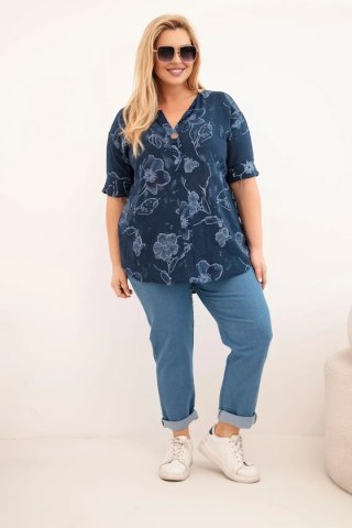 Bluzka damska bawełniana Plus Size w kwiatowy wzór granatowa