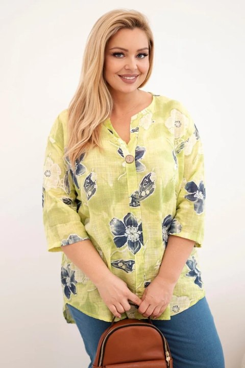 Bluzka damska bawełniana Plus Size w kwiatowy wzór jasno zielona