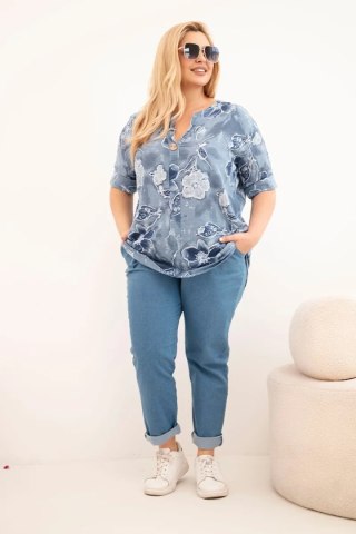 Bluzka damska bawełniana Plus Size w kwiatowy wzór jeansowa