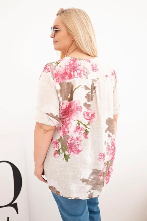 Bluzka damska bawełniana Plus Size z dekoltem V w kwiatowy wzór beżowa
