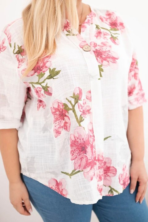 Bluzka damska bawełniana Plus Size z dekoltem V w kwiatowy wzór biała