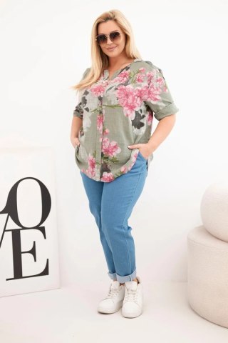 Bluzka damska bawełniana Plus Size z dekoltem V w kwiatowy wzór khaki