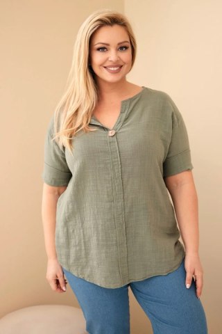 Bluzka damska bawełniana Plus Size z dekoltem na guziki khaki