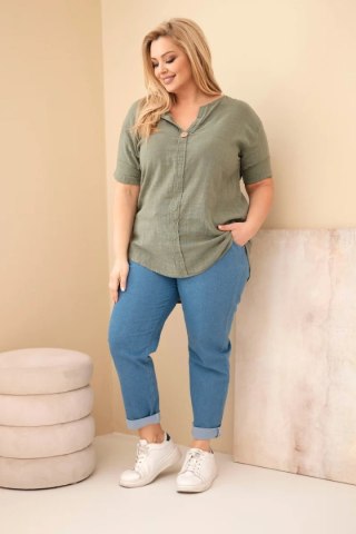 Bluzka damska bawełniana Plus Size z dekoltem na guziki khaki