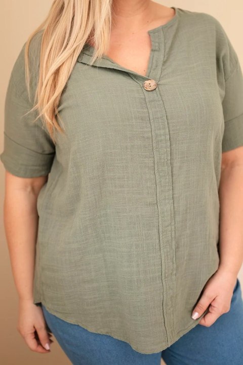 Bluzka damska bawełniana Plus Size z dekoltem na guziki khaki