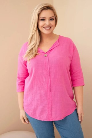 Bluzka damska bawełniana Plus Size z dekoltem na guziki różowa
