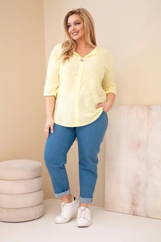 Bluzka damska bawełniana Plus Size z dekoltem na guziki żółta