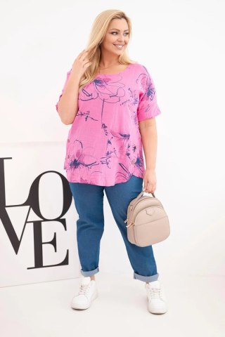 Bluzka damska bawełniana Plus Size z krótkim rękawem i kieszenią różowa