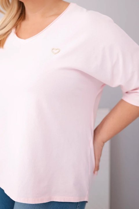Bluzka damska bawełniana oversize Plus Size z dekoltem V cukierkowy róż