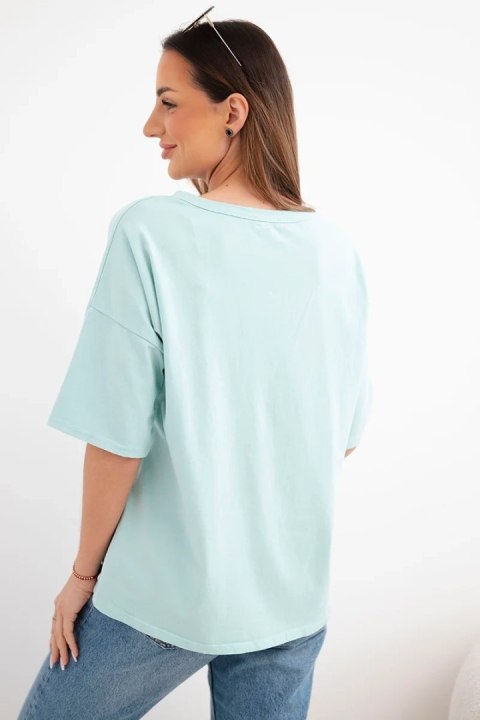 Bluzka damska bawełniana oversize z krótkim rękawem i modnym nadrukiem ciemno miętowa