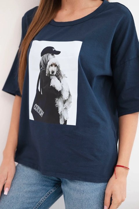 Bluzka damska bawełniana oversize z krótkim rękawem i modnym nadrukiem granatowa