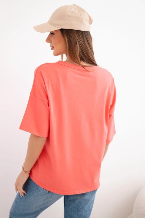 Bluzka damska bawełniana oversize z krótkim rękawem i modnym nadrukiem morelowa