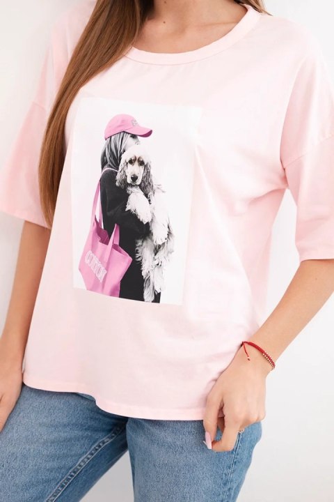 Bluzka damska bawełniana oversize z krótkim rękawem i modnym nadrukiem pudrowy róż