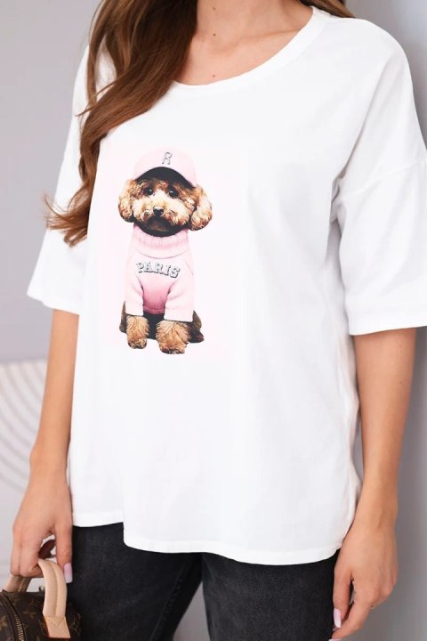 Bluzka damska bawełniana oversize z krótkim rękawem i nadrukiem V biała