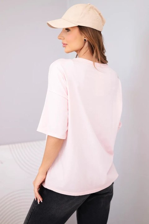 Bluzka damska bawełniana oversize z krótkim rękawem i nadrukiem cukierkowy róż