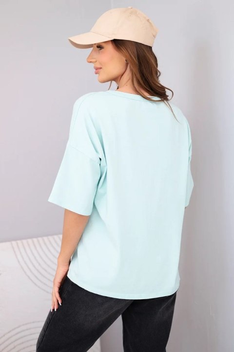 Bluzka damska bawełniana oversize z krótkim rękawem i nadrukiem miętowa