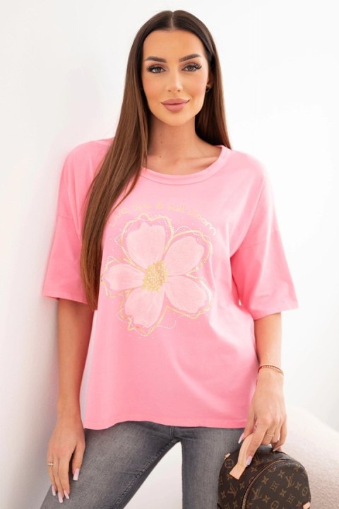 Bluzka damska bawełniana oversize z kwiatowym nadrukiem jasno różowa