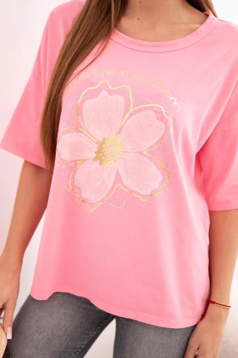 Bluzka damska bawełniana oversize z kwiatowym nadrukiem jasno różowa