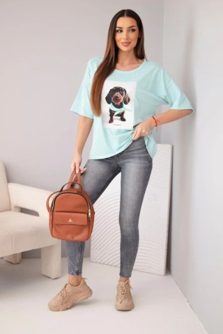 Bluzka damska bawełniana oversize z nadrukiem "Dog Fashion" ciemno miętowa