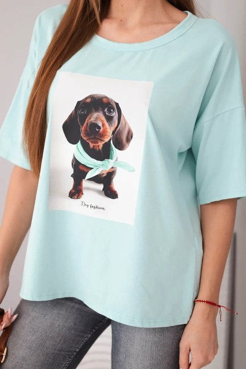 Bluzka damska bawełniana oversize z nadrukiem "Dog Fashion" ciemno miętowa