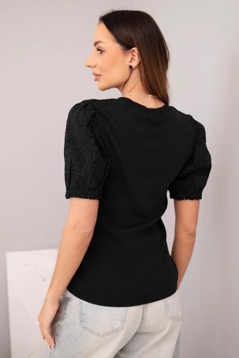 Bluzka damska bawełniana prążkowana z bufiastym rękawem i guziczkami czarna