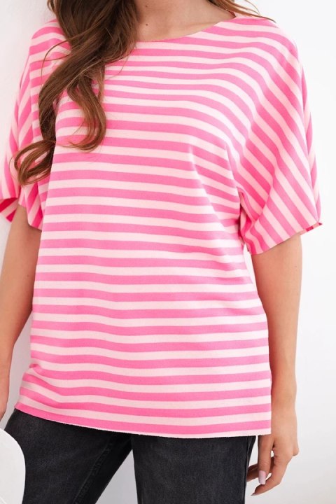 Bluzka damska bawełniana w paski z krótkim rękawem różowa