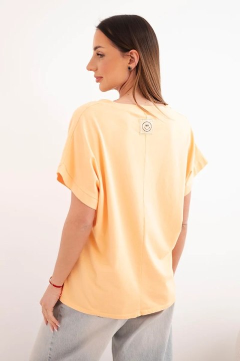 Bluzka damska bawełniana z dekoltem V i krótkim rękawem brzoskwiniowa