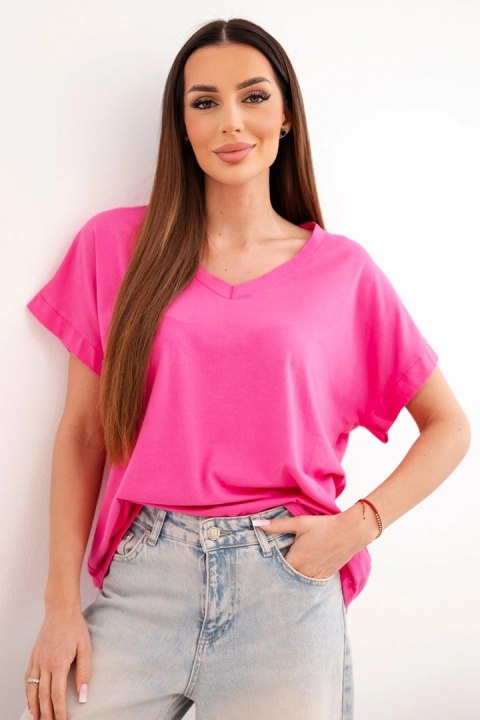 Bluzka damska bawełniana z dekoltem V i krótkim rękawem fuksja
